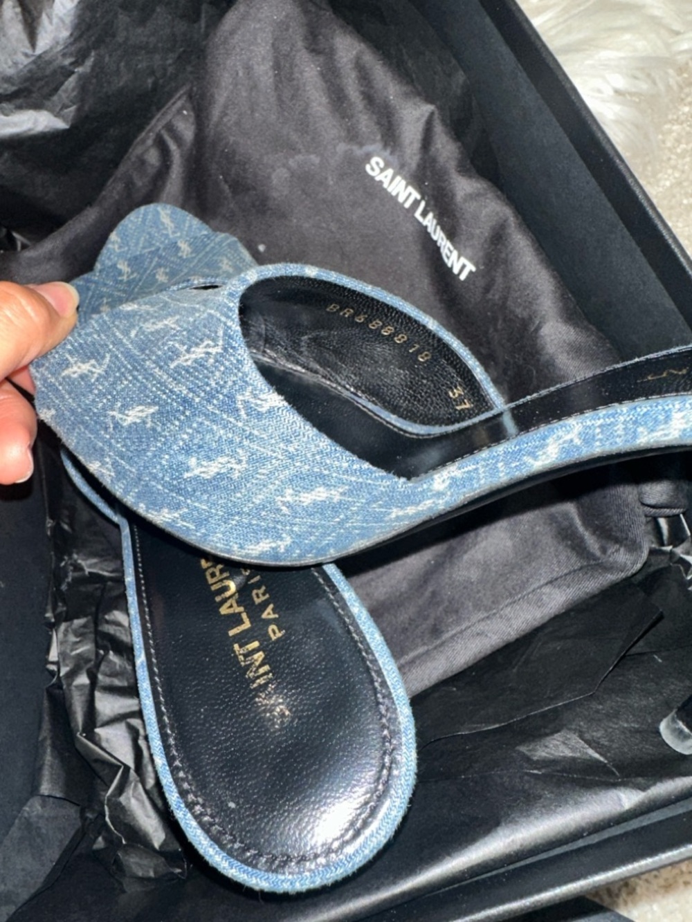 Saint Laurent Blue Denim Monogram Slide Mules - Picture 8 of 11
